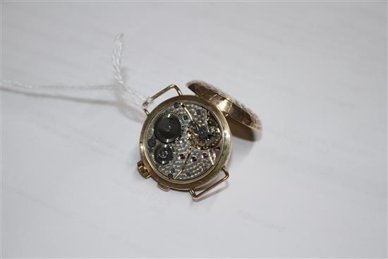 A ladys 1930s yellow metal (stamped 9c) Golfball? manual wind wristwatch, with hinged cover, no strap,